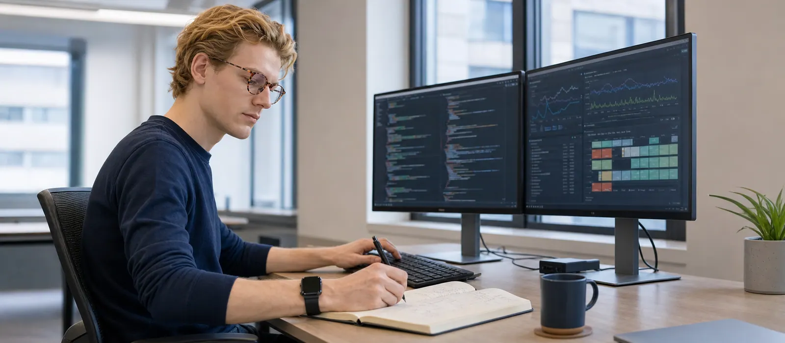 Software engineer reviewing system architecture and operational data